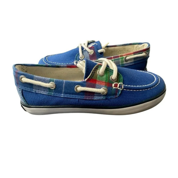 Ralph Lauren Polo Sander Shoes Blue Mult Plaid Canvas Boat Sneaker Kids Size 13 - Picture 1 of 15